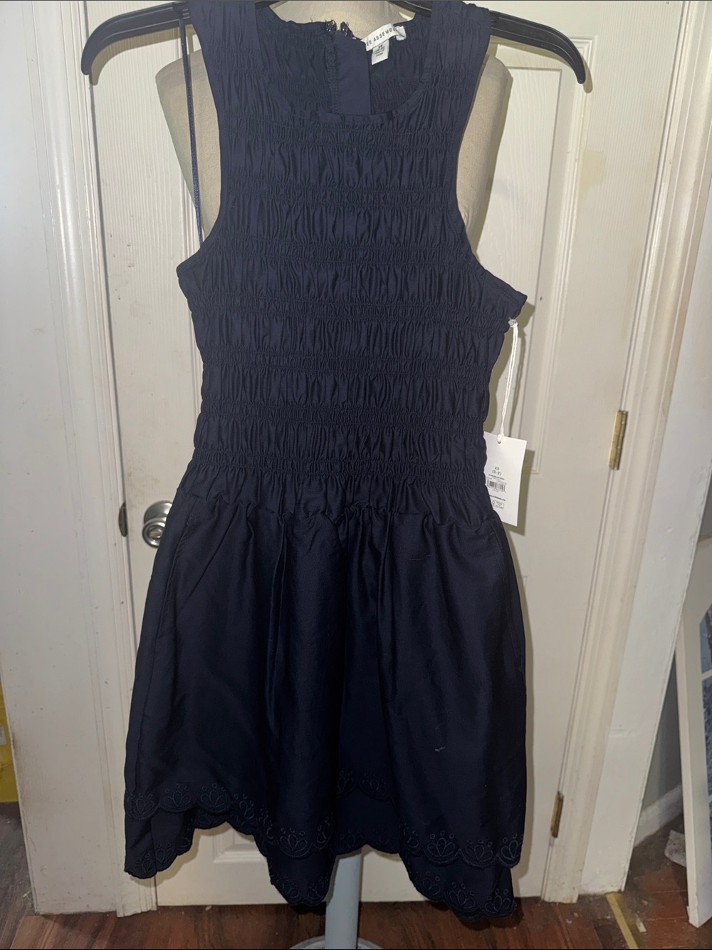 Smocked Navy Midi Dress with Scalloped Hem